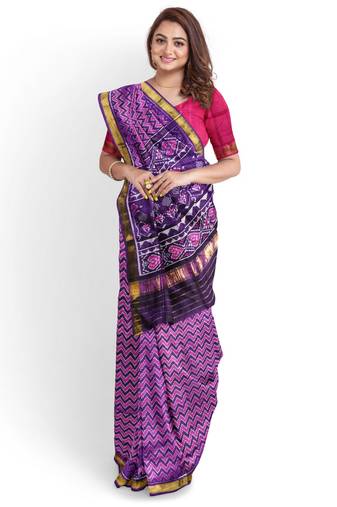 Pink and purple mulberry pure silk single ikkat  saree