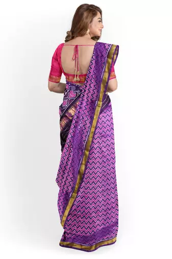 Pink and purple mulberry pure silk single ikkat  saree