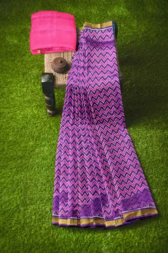 Pink and purple mulberry pure silk single ikkat  saree
