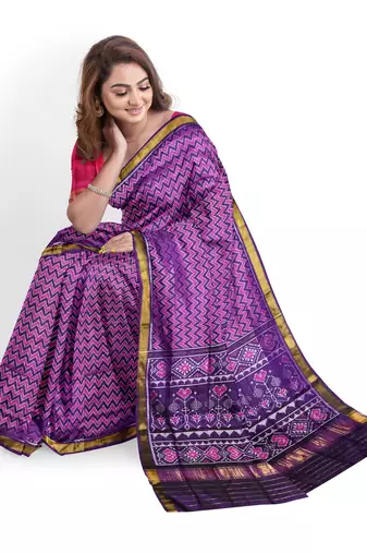 Pink and purple mulberry pure silk single ikkat  saree