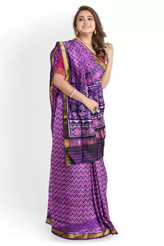 Pink and purple mulberry pure silk single ikkat  saree