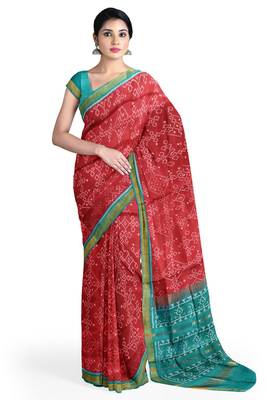 Sea green and red mulberry pure silk single ikkat  saree 1