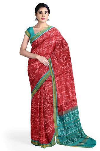 Sea green and red mulberry pure silk single ikkat  saree