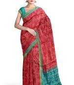 Sea green and red mulberry pure silk single ikkat  saree