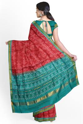 Sea green and red mulberry pure silk single ikkat  saree 2