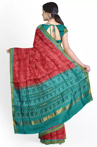 Sea green and red mulberry pure silk single ikkat  saree