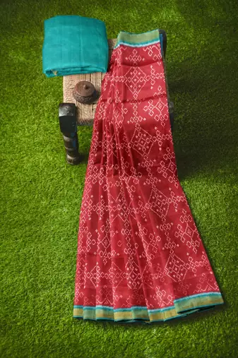 Sea green and red mulberry pure silk single ikkat  saree