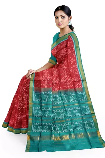Sea green and red mulberry pure silk single ikkat  saree