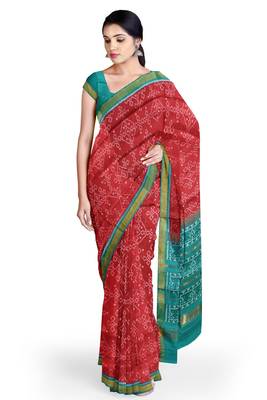 Sea green and red mulberry pure silk single ikkat  saree 5