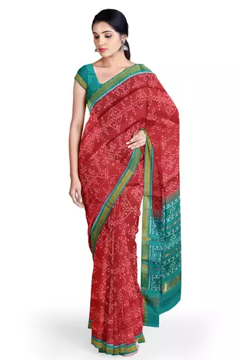 Sea green and red mulberry pure silk single ikkat  saree