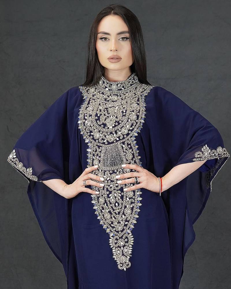 Navy Blue Wedding Moroccan Dubai Kaftan Arabic Abaya Dress Very Fancy Long Gown 