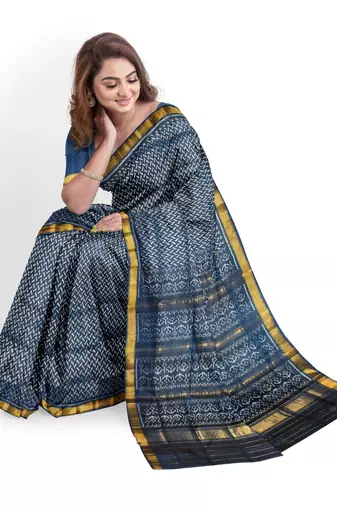 Blue mulberry pure silk single ikkat  saree