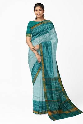 Sea green mulberry pure silk single ikkat  saree 1