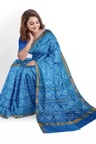Turquoise blue mulberry pure silk single ikkat  saree