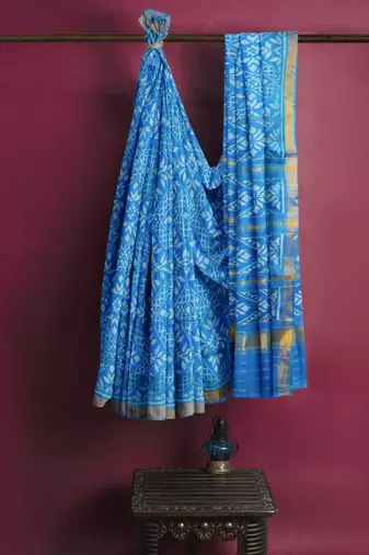 Turquoise blue mulberry pure silk single ikkat  saree