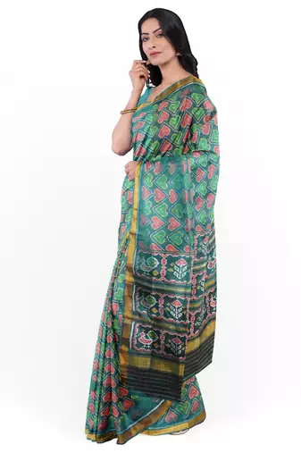 Sea green mulberry pure silk single ikkat  saree