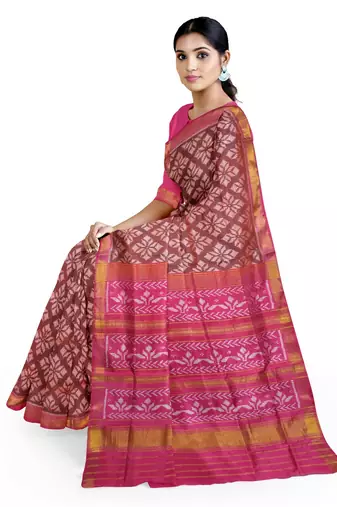 Pink mulberry pure silk single ikkat  saree