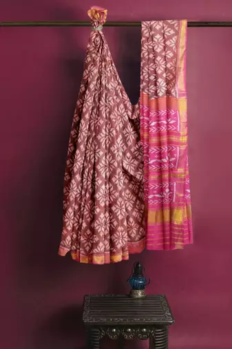 Pink mulberry pure silk single ikkat  saree