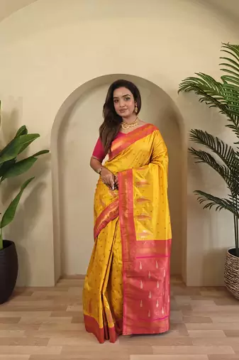 yellow Kanchipuram Paithani Art Silk Saree