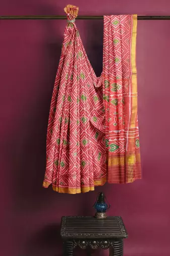 Red mulberry pure silk single ikkat  saree