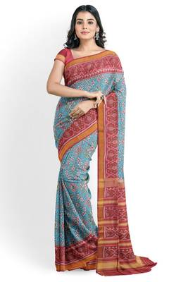 Red and turquoise blue mulberry pure silk single ikkat  saree 1