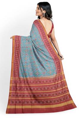 Red and turquoise blue mulberry pure silk single ikkat  saree 2