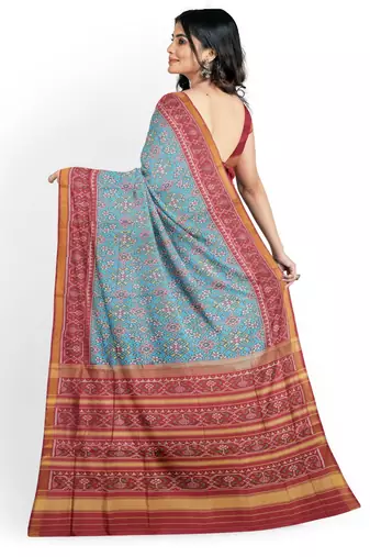 Red and turquoise blue mulberry pure silk single ikkat  saree