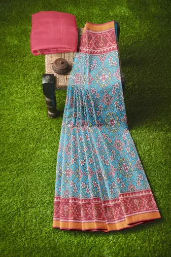 Red and turquoise blue mulberry pure silk single ikkat  saree