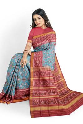 Red and turquoise blue mulberry pure silk single ikkat  saree 4