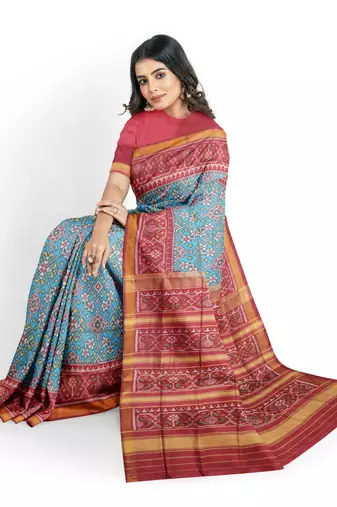 Red and turquoise blue mulberry pure silk single ikkat  saree