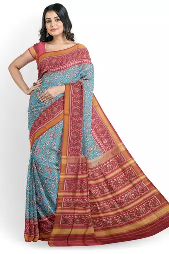 Red and turquoise blue mulberry pure silk single ikkat  saree