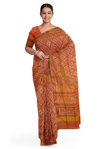 Orange and pink mulberry pure silk single ikkat  saree