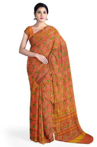 Orange mulberry pure silk single ikkat  saree