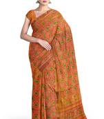 Orange mulberry pure silk single ikkat  saree