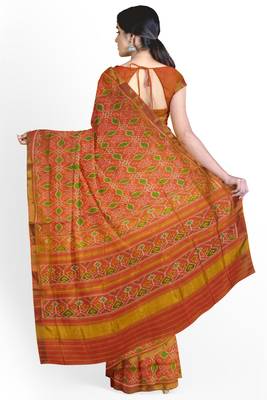 Orange mulberry pure silk single ikkat  saree 2