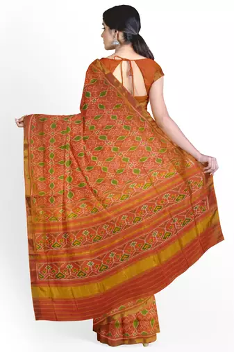 Orange mulberry pure silk single ikkat  saree