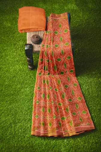 Orange mulberry pure silk single ikkat  saree