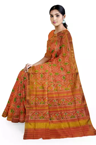 Orange mulberry pure silk single ikkat  saree