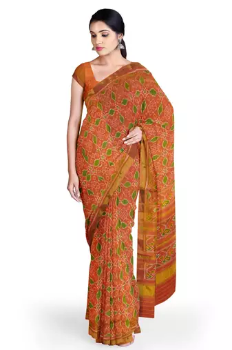 Orange mulberry pure silk single ikkat  saree