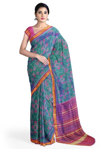 Magenta and green mulberry pure silk single ikkat  saree