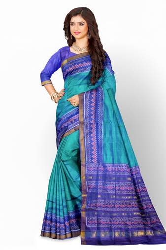 Blue and green mulberry pure silk single ikkat  saree