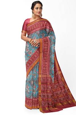 Red and turquoise blue mulberry pure silk single ikkat  saree 1