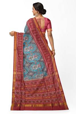 Red and turquoise blue mulberry pure silk single ikkat  saree 2