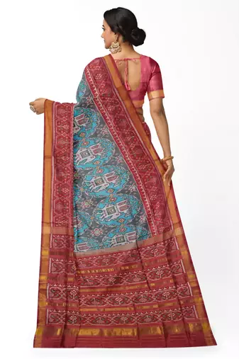 Red and turquoise blue mulberry pure silk single ikkat  saree