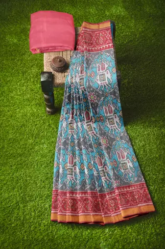 Red and turquoise blue mulberry pure silk single ikkat  saree
