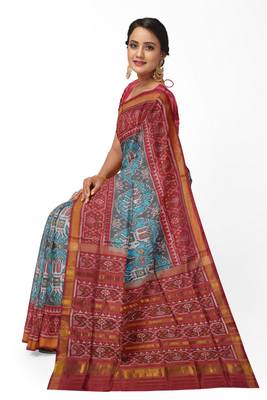 Red and turquoise blue mulberry pure silk single ikkat  saree 4