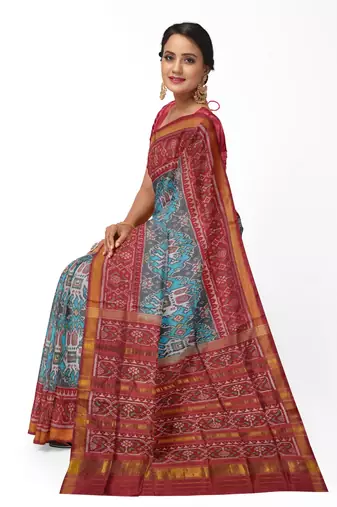 Red and turquoise blue mulberry pure silk single ikkat  saree