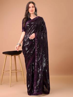 Purple georgette party wear embroidered saree with blouse fabric  1