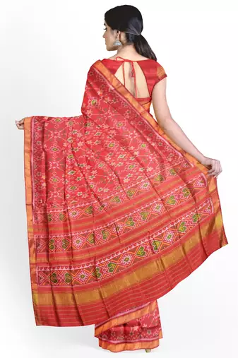Red mulberry pure silk single ikkat  saree