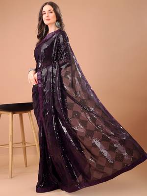 Purple georgette party wear embroidered saree with blouse fabric  2